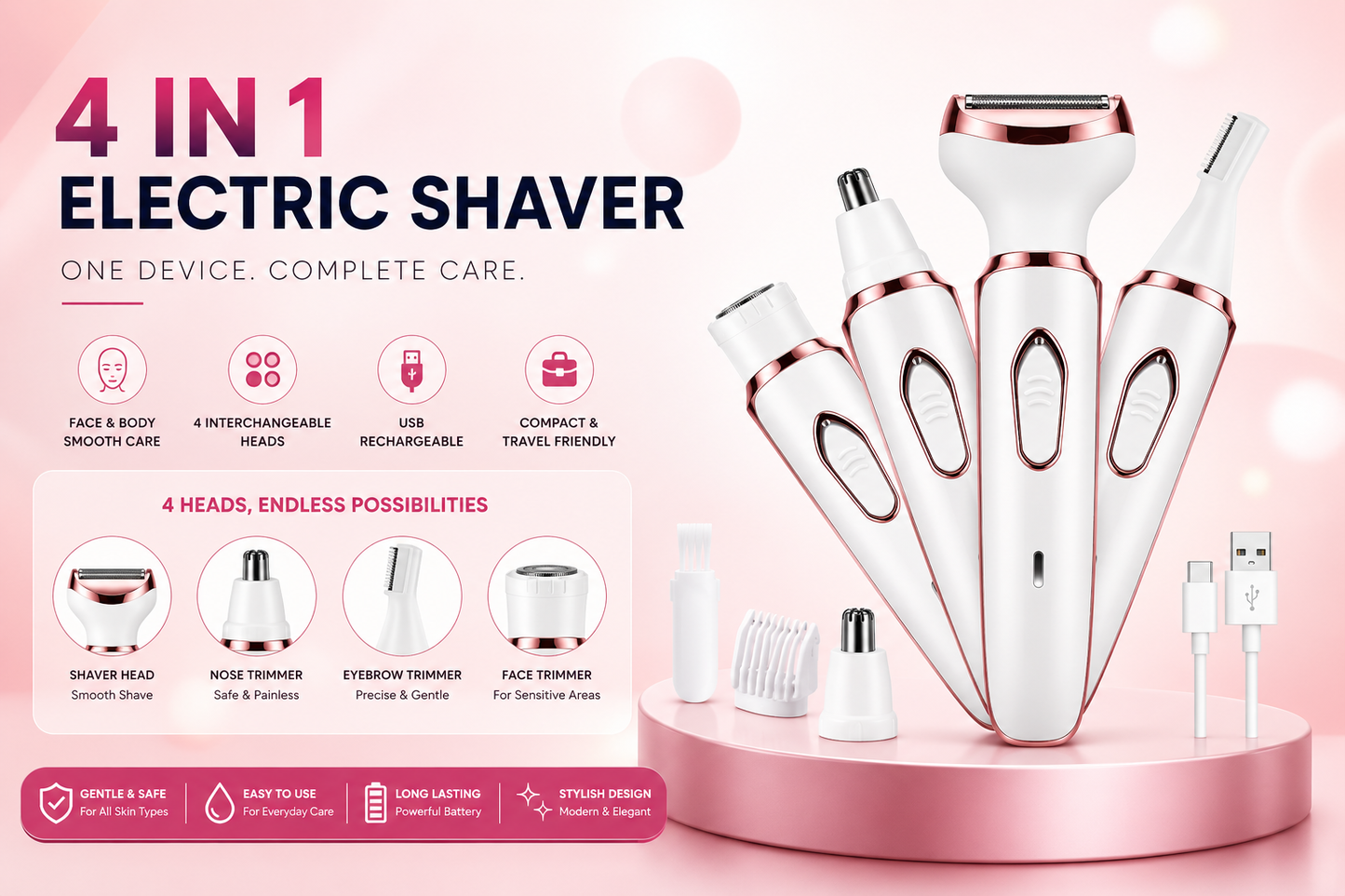 4-in-1 Women’s Electric Shaver & Precision Trimmer – USB Rechargeable